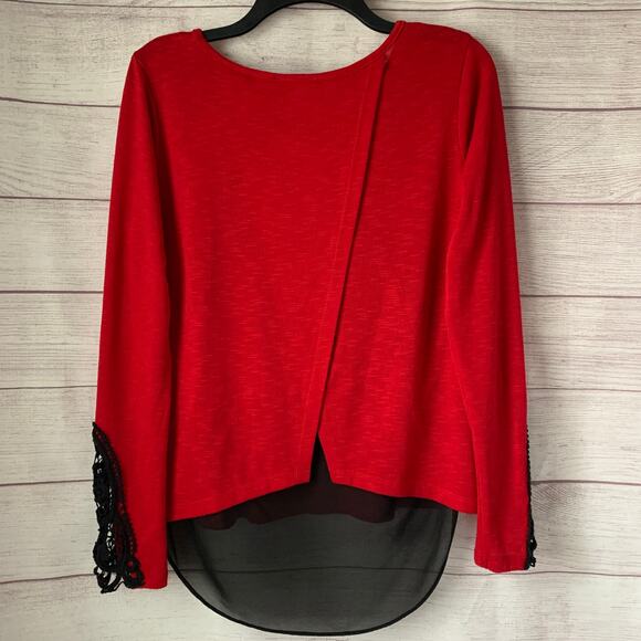 A. Byer Red and Black Blouse Split Back High Low Hem Lace Sleeve Size L - Picture 4 of 16